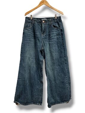 UOOZEE Wide Leg High Rise Denim Jeans Blue XXL 32” 100% Cotton Distressed Hem